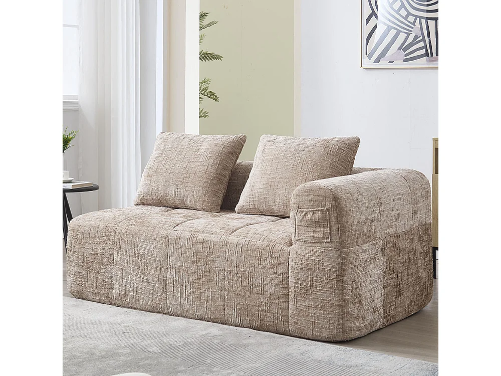 Canapé 2 places sans installation en chenille avec chaise longue accoudoirs coussin et poche latérale pour télécommande couleur kaki