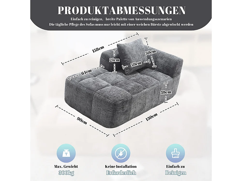 Canapé 1 places sans installation en chenille avec chaise longue accoudoirs coussin et poche latérale pour télécommande couleur gris