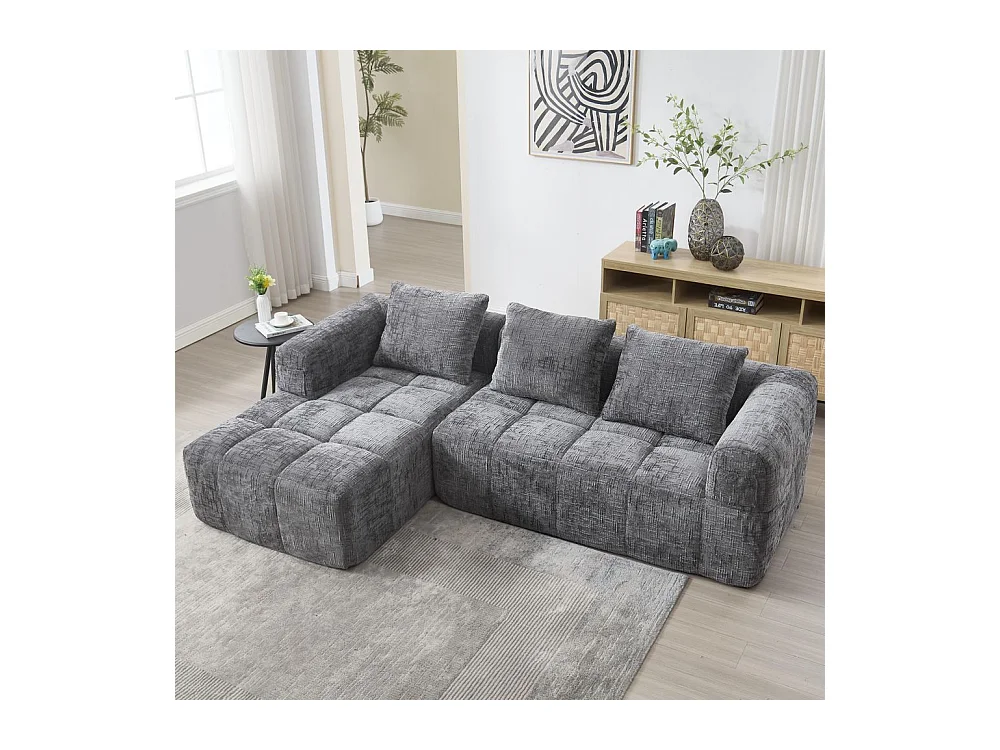 Canapé modulaire 3 places sans installation en chenille avec chaise longue accoudoirs trois coussins et poche latérale pour télécommande couleur gris