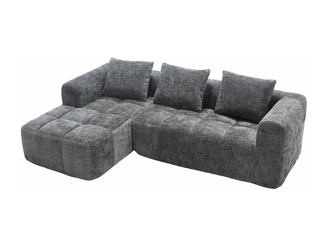 Canapé modulaire 3 places sans installation en chenille avec chaise longue accoudoirs trois coussins et poche latérale pour télécommande couleur gris