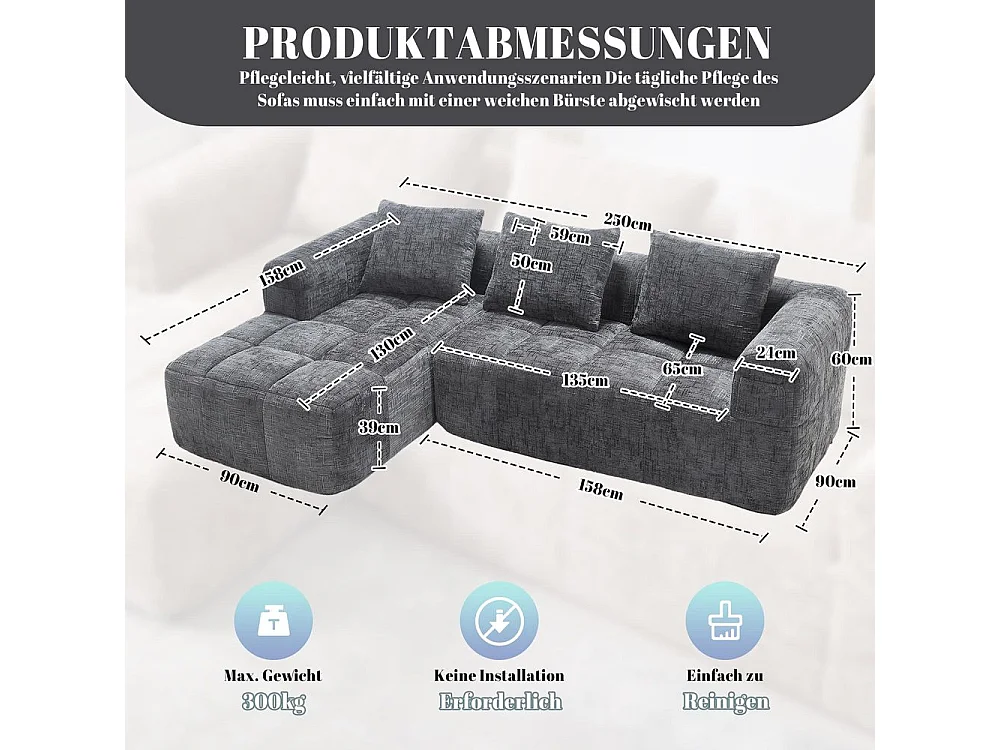 Canapé modulaire 3 places sans installation en chenille avec chaise longue accoudoirs trois coussins et poche latérale pour télécommande couleur gris
