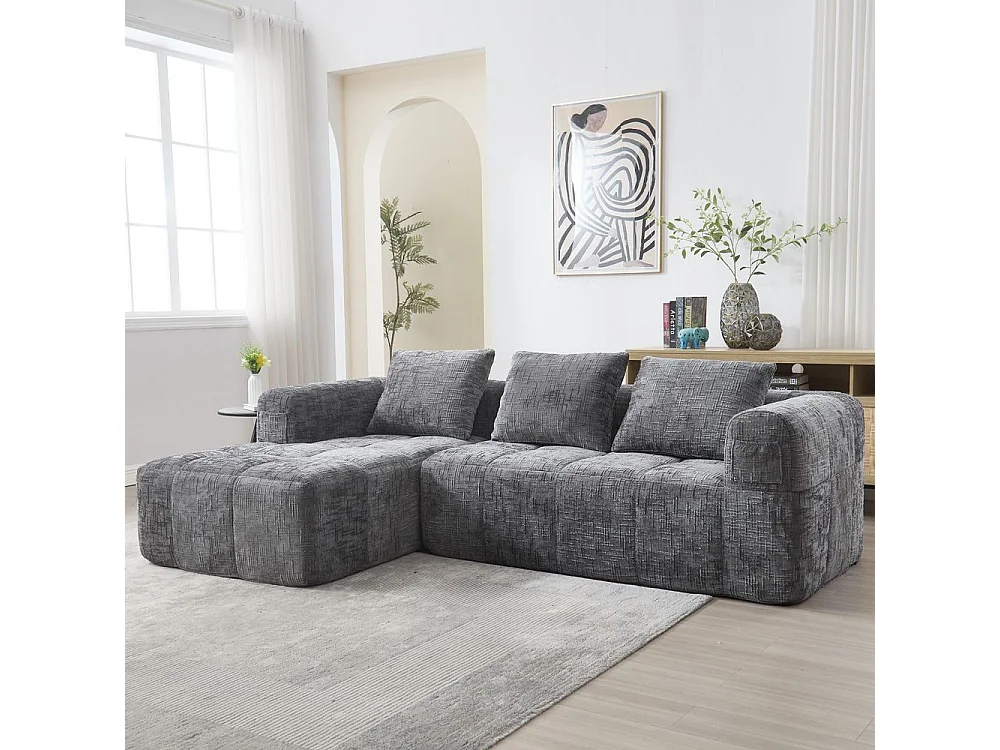 Canapé modulaire 3 places sans installation en chenille avec chaise longue accoudoirs trois coussins et poche latérale pour télécommande couleur gris