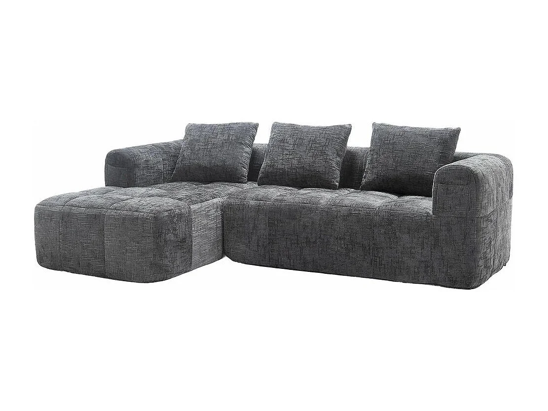 Canapé modulaire 3 places sans installation en chenille avec chaise longue accoudoirs trois coussins et poche latérale pour télécommande couleur gris