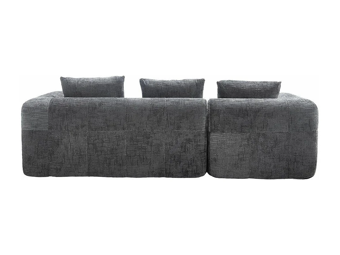 Canapé modulaire 3 places sans installation en chenille avec chaise longue accoudoirs trois coussins et poche latérale pour télécommande couleur gris