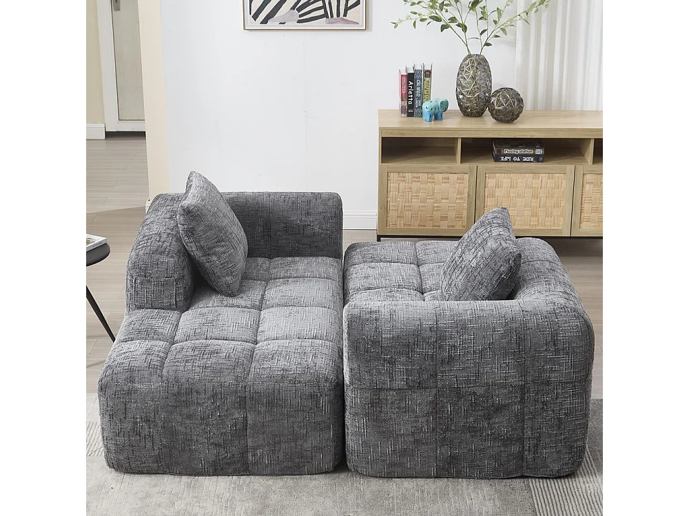 Canapé modulaire 3 places sans installation en chenille avec chaise longue accoudoirs trois coussins et poche latérale pour télécommande couleur gris