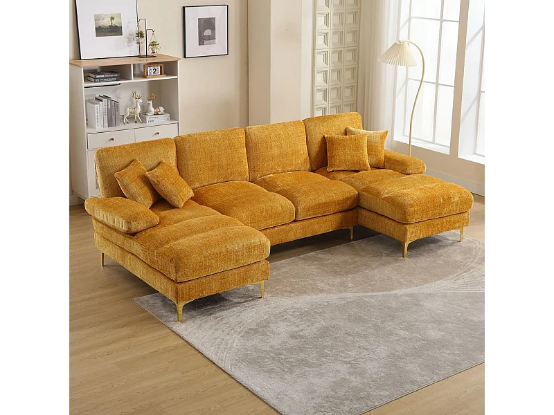 Canapé d'angle moderne en chenille 4 places canapé avec double assise convertible moutarde