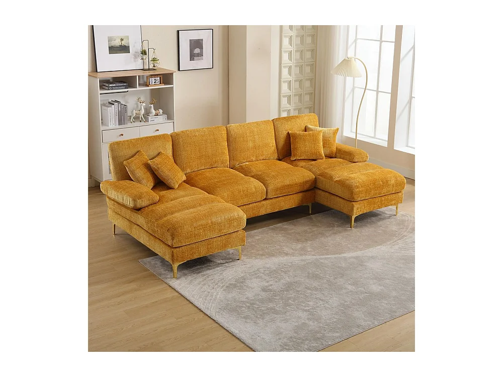 Canapé d'angle moderne en chenille 4 places canapé avec double assise convertible moutarde