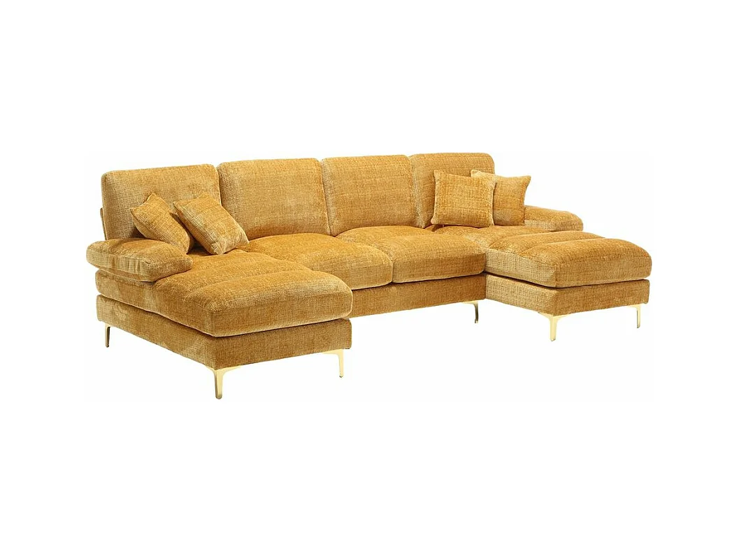 Canapé d'angle moderne en chenille 4 places canapé avec double assise convertible moutarde