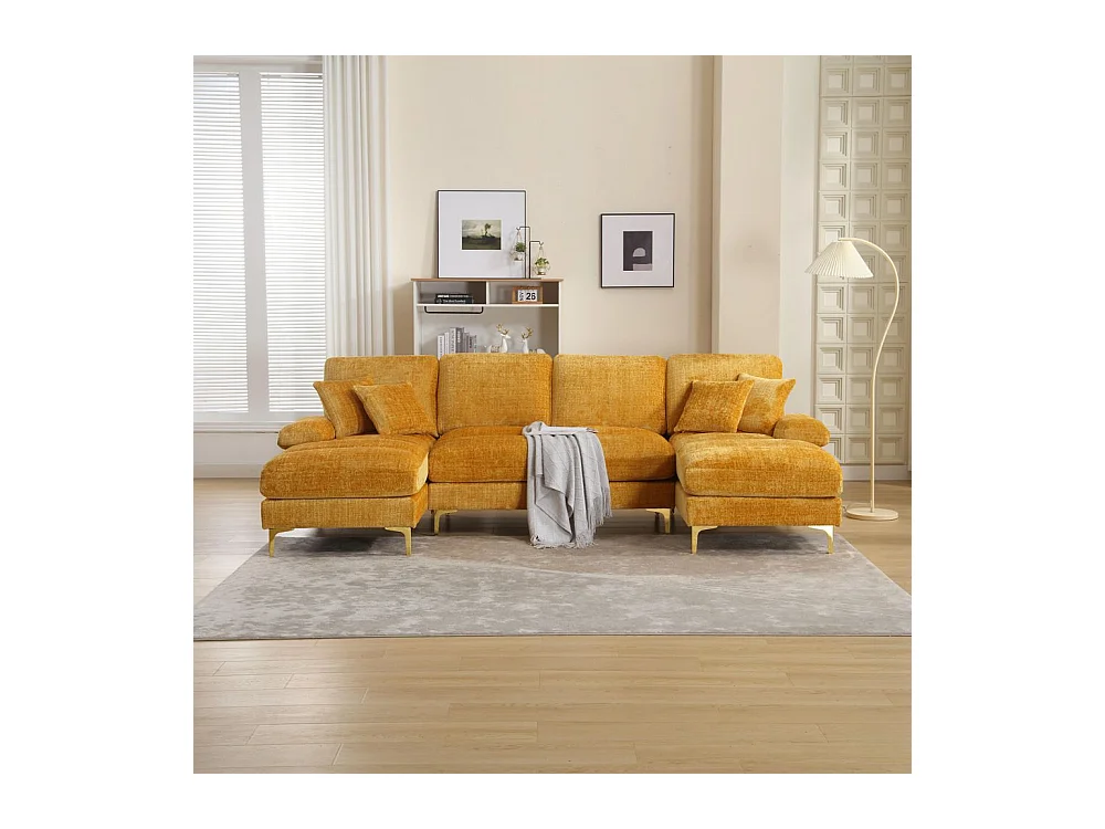 Canapé d'angle moderne en chenille 4 places canapé avec double assise convertible moutarde