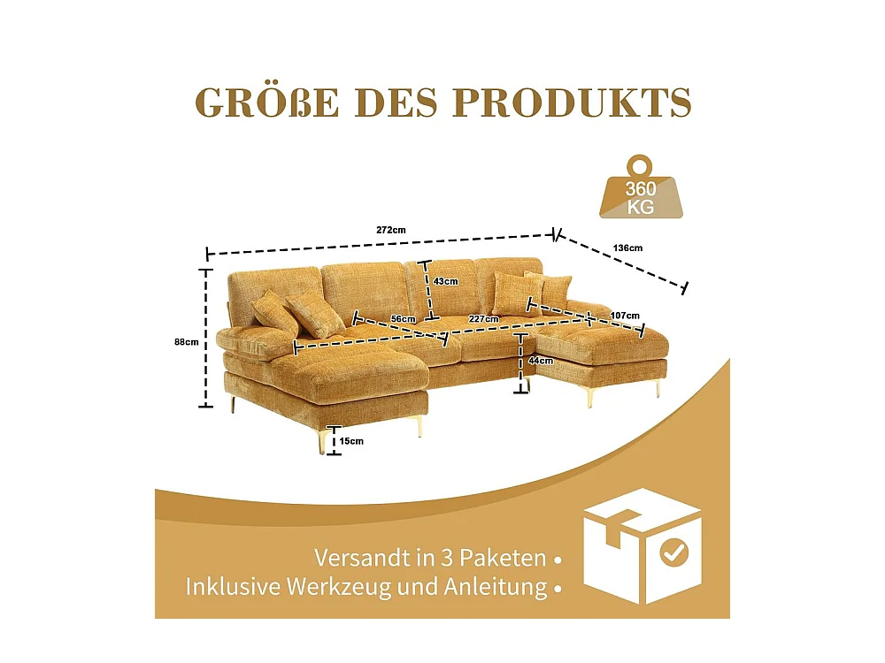 Canapé d'angle moderne en chenille 4 places canapé avec double assise convertible moutarde