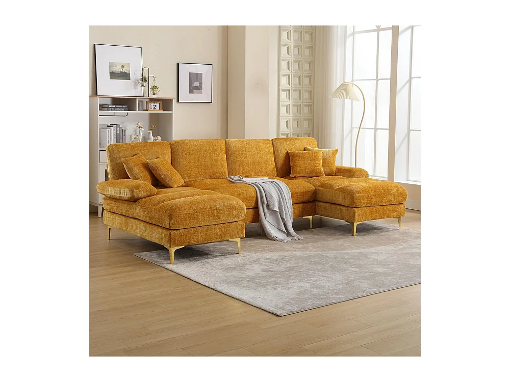 Canapé d'angle moderne en chenille 4 places canapé avec double assise convertible moutarde