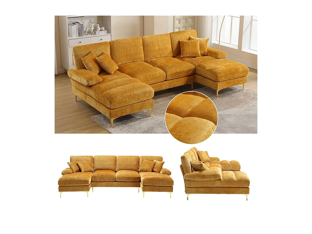 Canapé d'angle moderne en chenille 4 places canapé avec double assise convertible moutarde