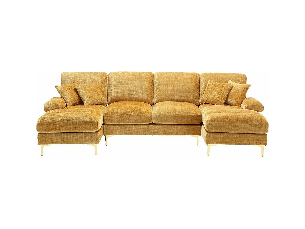 Canapé d'angle moderne en chenille 4 places canapé avec double assise convertible moutarde