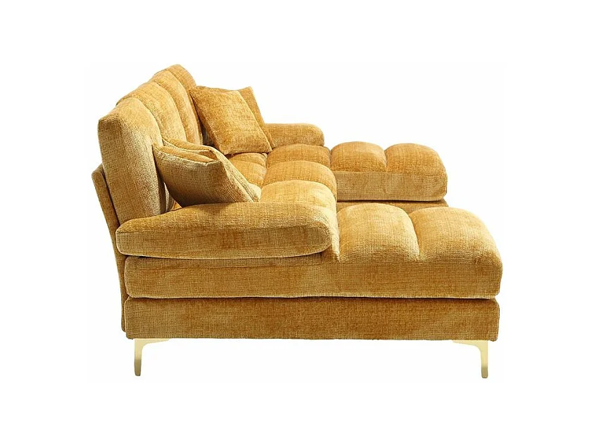 Canapé d'angle moderne en chenille 4 places canapé avec double assise convertible moutarde