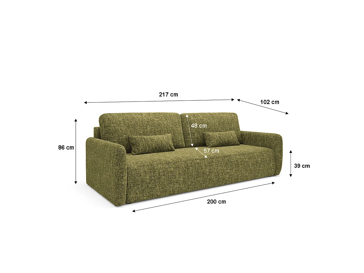Canapé convertible 3 places avec coffre en tissu vert LAZARE
