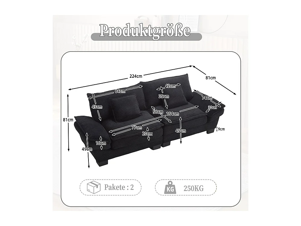 Canapé droit double moderne avec un matelas un coussin suffisant confortable mais spacieux noir