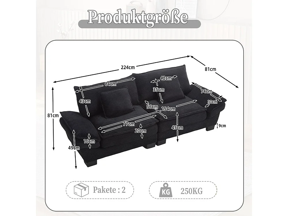 Canapé droit double moderne avec un matelas un coussin suffisant confortable mais spacieux noir