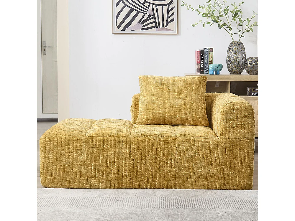 Canapé 1 places sans installation en chenille avec chaise longue accoudoirs coussin et poche latérale pour télécommande couleur jaune