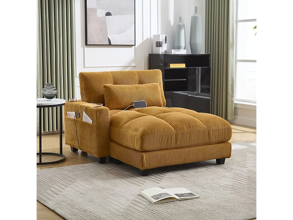 Fauteuil en palmier avec coussins moelleux à rayures accoudoirs avec coussins roulants rabats pour la tête trois porte gobelets et poche latérale couleur moutarde