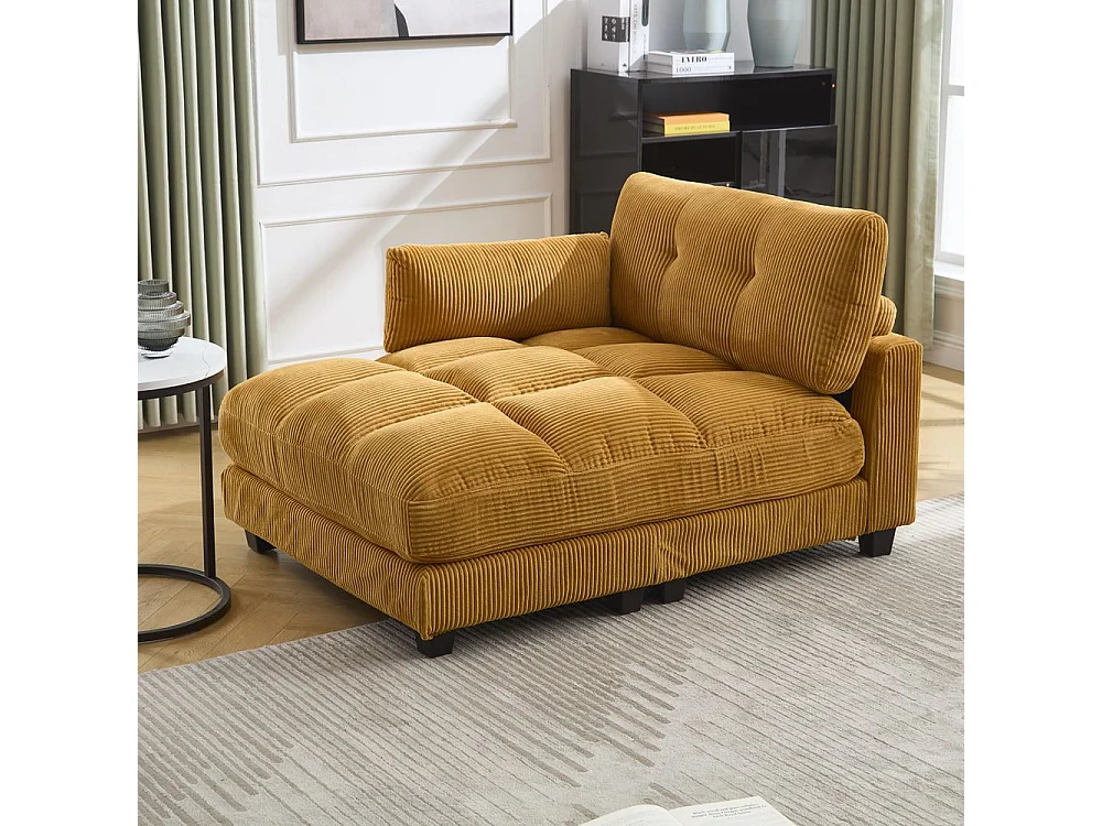 Fauteuil en palmier avec coussins moelleux à rayures accoudoirs avec coussins roulants rabats pour la tête trois porte gobelets et poche latérale couleur moutarde