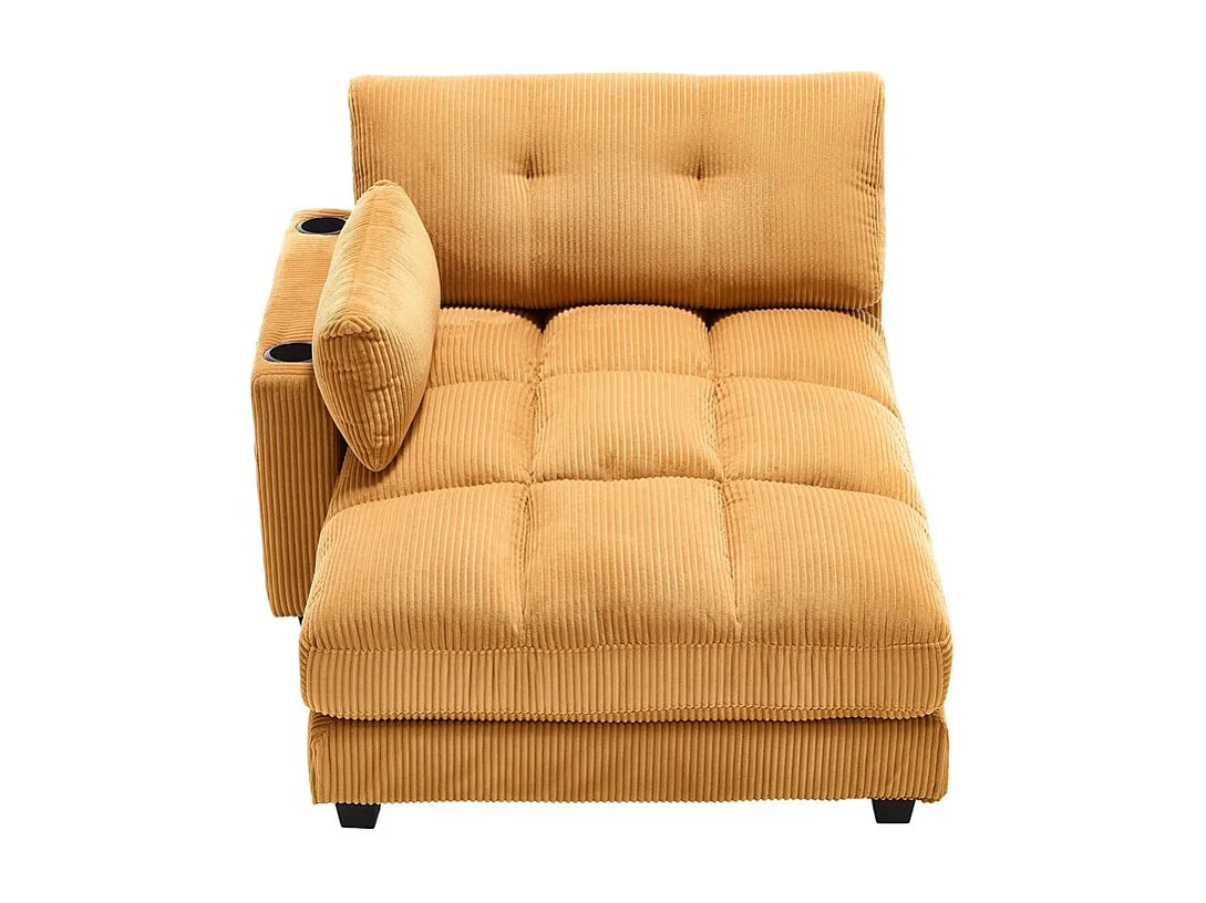 Fauteuil en palmier avec coussins moelleux à rayures accoudoirs avec coussins roulants rabats pour la tête trois porte gobelets et poche latérale couleur moutarde