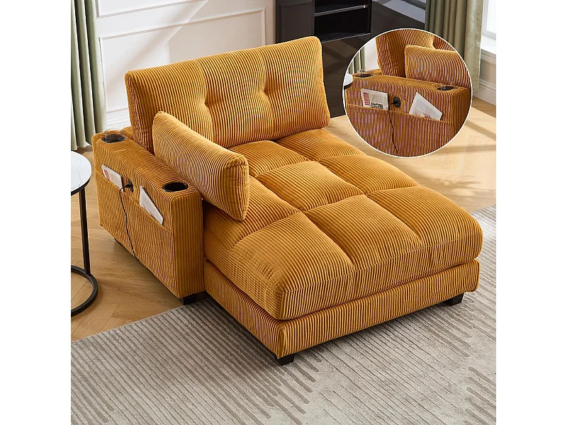 Fauteuil en palmier avec coussins moelleux à rayures accoudoirs avec coussins roulants rabats pour la tête trois porte gobelets et poche latérale couleur moutarde