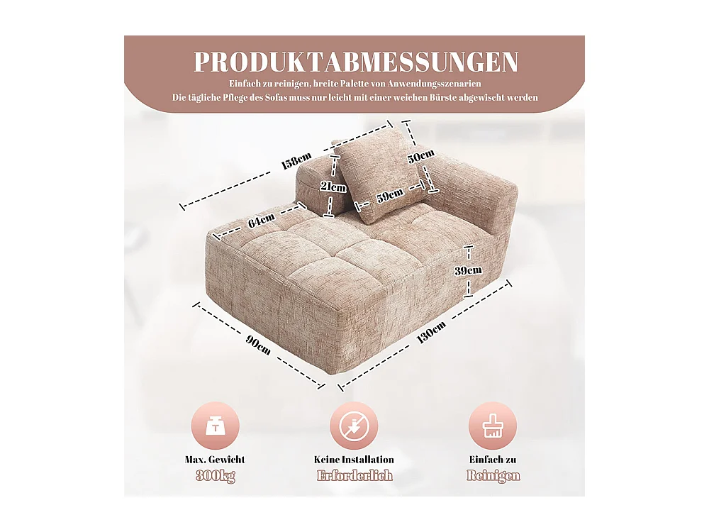 Canapé 1 places sans installation en chenille avec chaise longue accoudoirs coussin et poche latérale pour télécommande couleur kaki