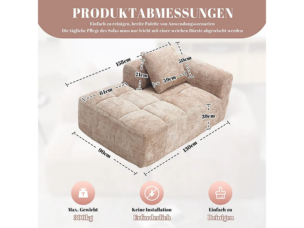 Canapé 1 places sans installation en chenille avec chaise longue accoudoirs coussin et poche latérale pour télécommande couleur kaki