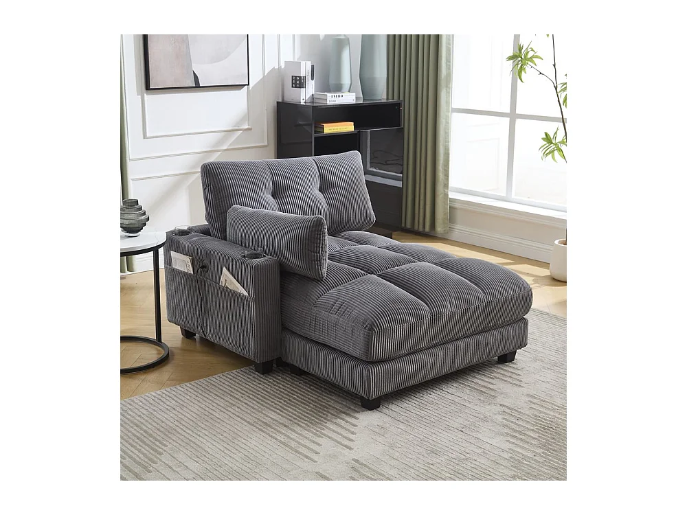Fauteuil en palmier avec coussins moelleux à rayures accoudoirs avec coussins roulants rabats pour la tête trois porte gobelets et poche latérale couleur gris