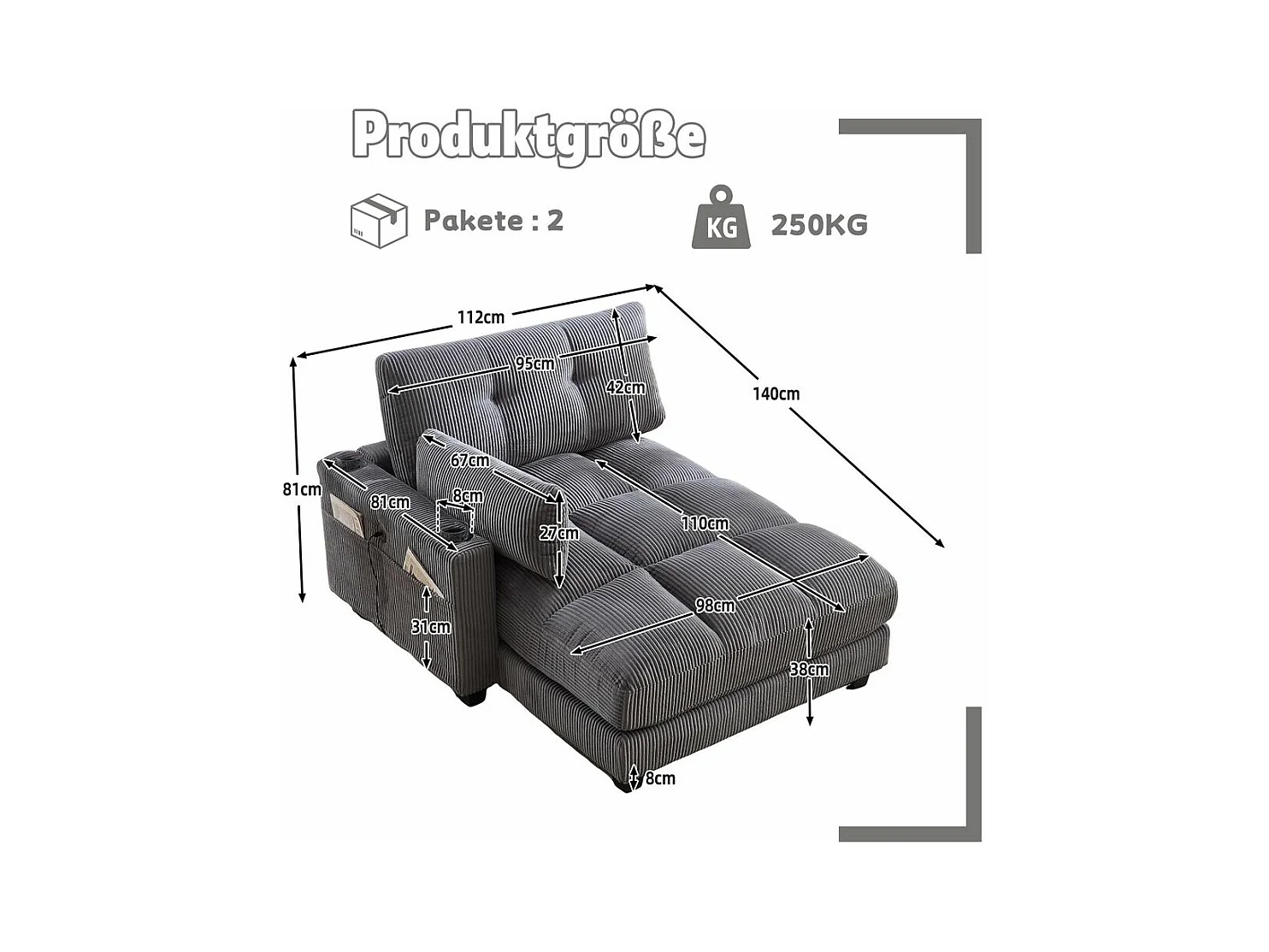 Fauteuil en palmier avec coussins moelleux à rayures accoudoirs avec coussins roulants rabats pour la tête trois porte gobelets et poche latérale couleur gris
