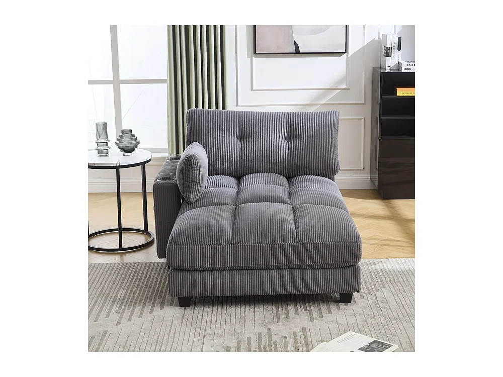 Fauteuil en palmier avec coussins moelleux à rayures accoudoirs avec coussins roulants rabats pour la tête trois porte gobelets et poche latérale couleur gris