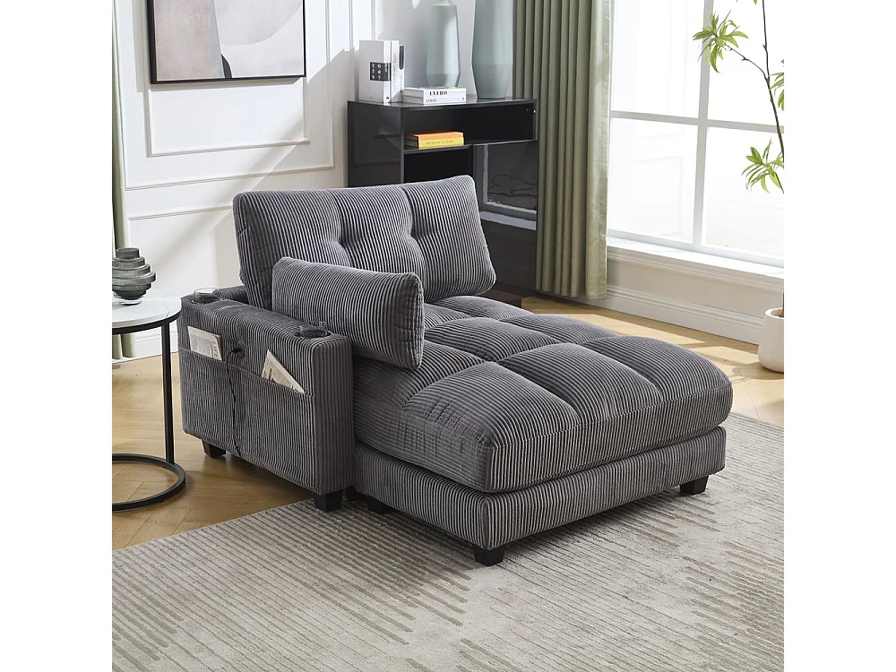 Fauteuil en palmier avec coussins moelleux à rayures accoudoirs avec coussins roulants rabats pour la tête trois porte gobelets et poche latérale couleur gris