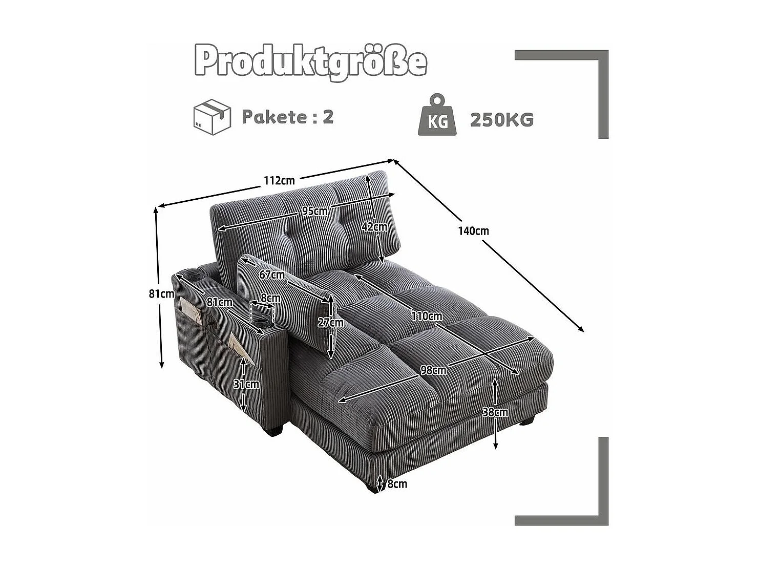 Fauteuil en palmier avec coussins moelleux à rayures accoudoirs avec coussins roulants rabats pour la tête trois porte gobelets et poche latérale couleur gris