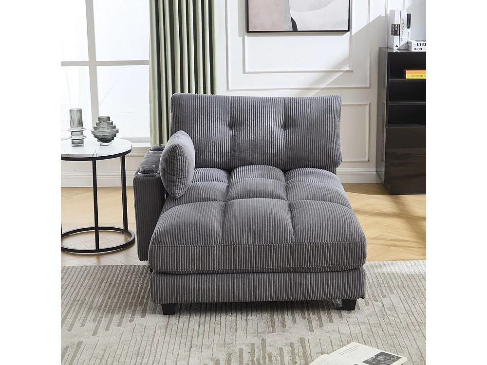 Fauteuil en palmier avec coussins moelleux à rayures accoudoirs avec coussins roulants rabats pour la tête trois porte gobelets et poche latérale couleur gris