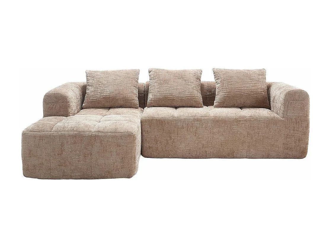 Canapé modulaire 3 places sans installation en chenille avec chaise longue accoudoirs trois coussins et poche latérale pour télécommande couleur kaki