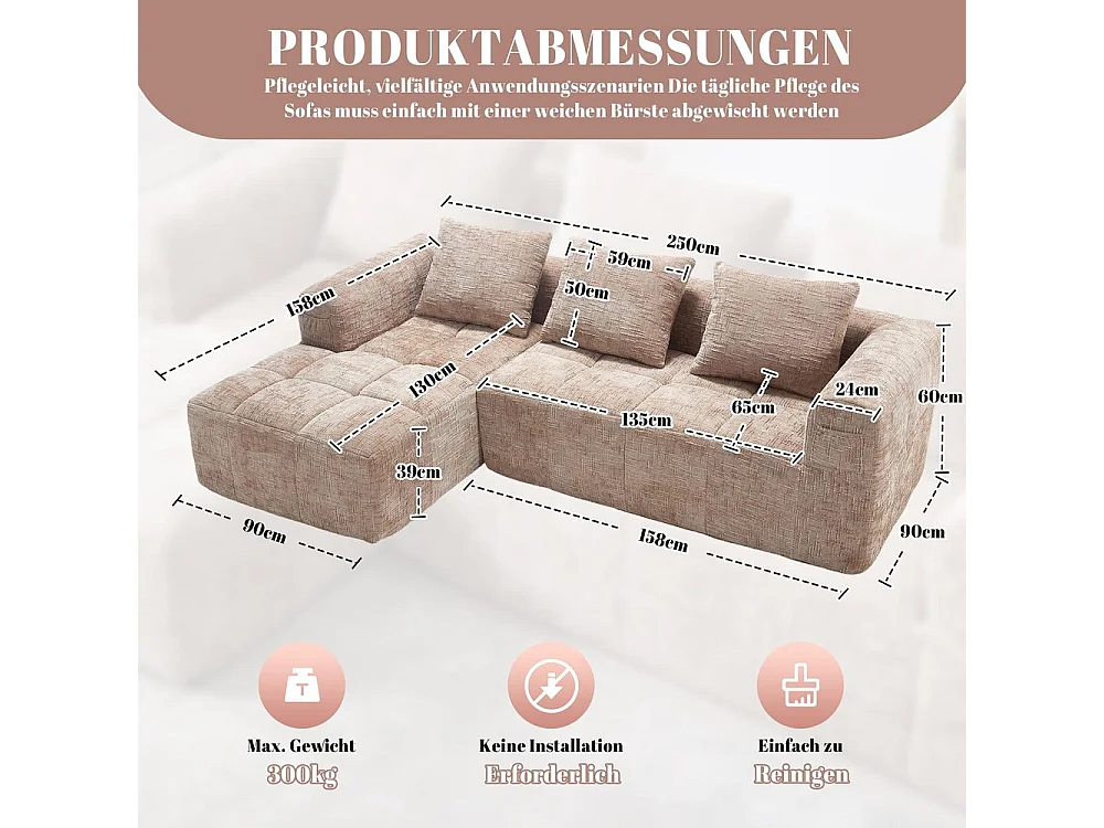 Canapé modulaire 3 places sans installation en chenille avec chaise longue accoudoirs trois coussins et poche latérale pour télécommande couleur kaki