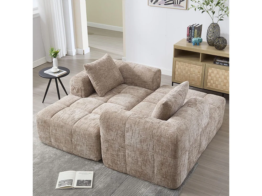 Canapé modulaire 3 places sans installation en chenille avec chaise longue accoudoirs trois coussins et poche latérale pour télécommande couleur kaki