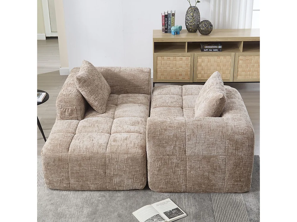 Canapé modulaire 3 places sans installation en chenille avec chaise longue accoudoirs trois coussins et poche latérale pour télécommande couleur kaki