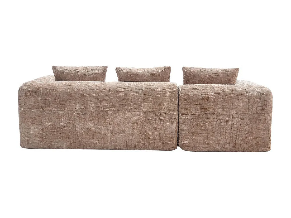 Canapé modulaire 3 places sans installation en chenille avec chaise longue accoudoirs trois coussins et poche latérale pour télécommande couleur kaki