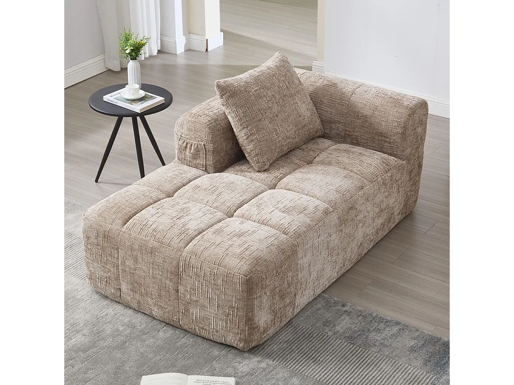 Canapé modulaire 3 places sans installation en chenille avec chaise longue accoudoirs trois coussins et poche latérale pour télécommande couleur kaki