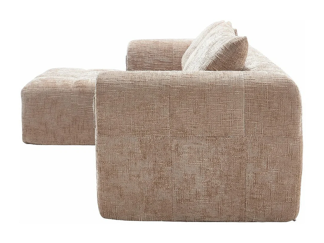 Canapé modulaire 3 places sans installation en chenille avec chaise longue accoudoirs trois coussins et poche latérale pour télécommande couleur kaki