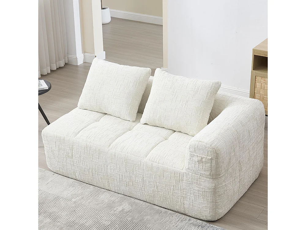 Canapé 2 places sans installation en chenille avec chaise longue accoudoirs coussin et poche latérale pour télécommande couleur beige
