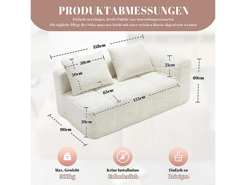 Canapé 2 places sans installation en chenille avec chaise longue accoudoirs coussin et poche latérale pour télécommande couleur beige