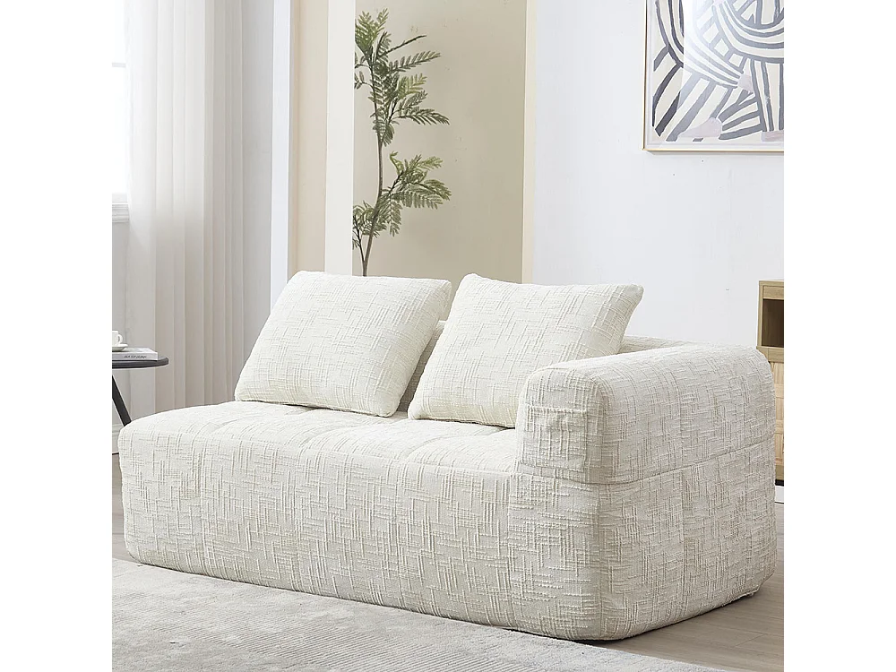 Canapé 2 places sans installation en chenille avec chaise longue accoudoirs coussin et poche latérale pour télécommande couleur beige