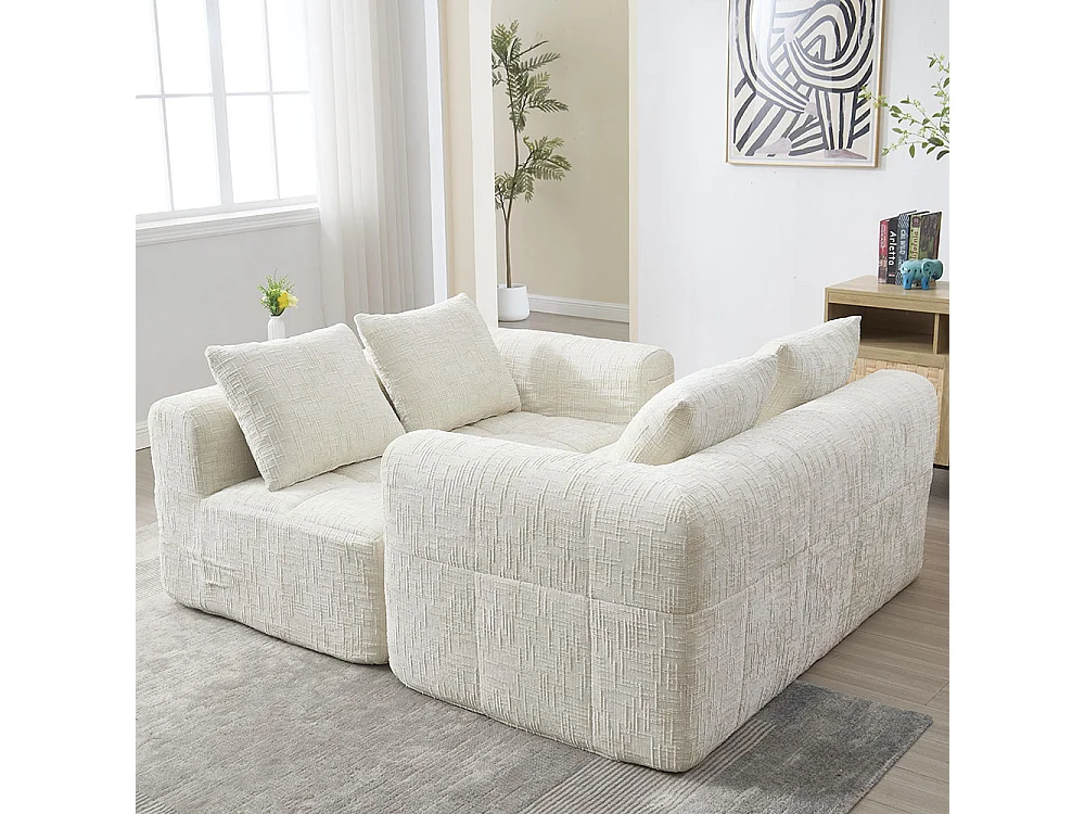 Canapé 2 places sans installation en chenille avec chaise longue accoudoirs coussin et poche latérale pour télécommande couleur beige