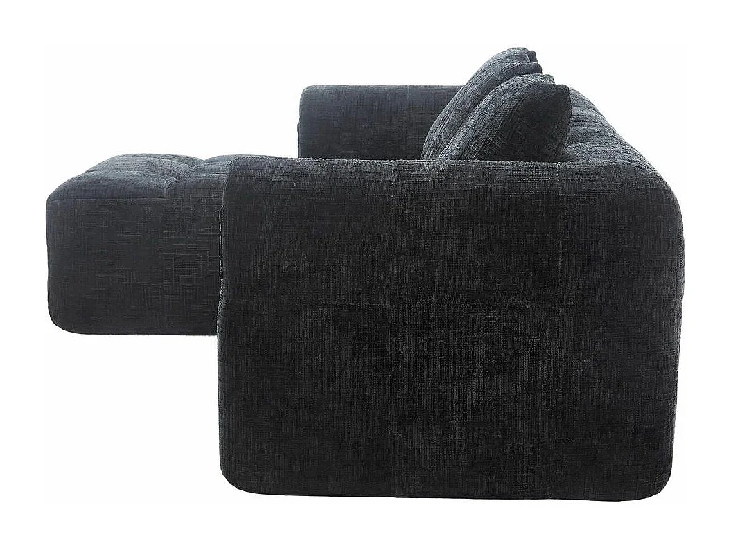 Canapé modulaire 3 places sans installation en chenille avec chaise longue accoudoirs trois coussins et poche latérale pour télécommande couleur noir