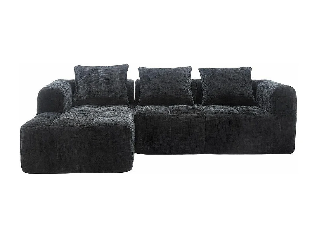 Canapé modulaire 3 places sans installation en chenille avec chaise longue accoudoirs trois coussins et poche latérale pour télécommande couleur noir