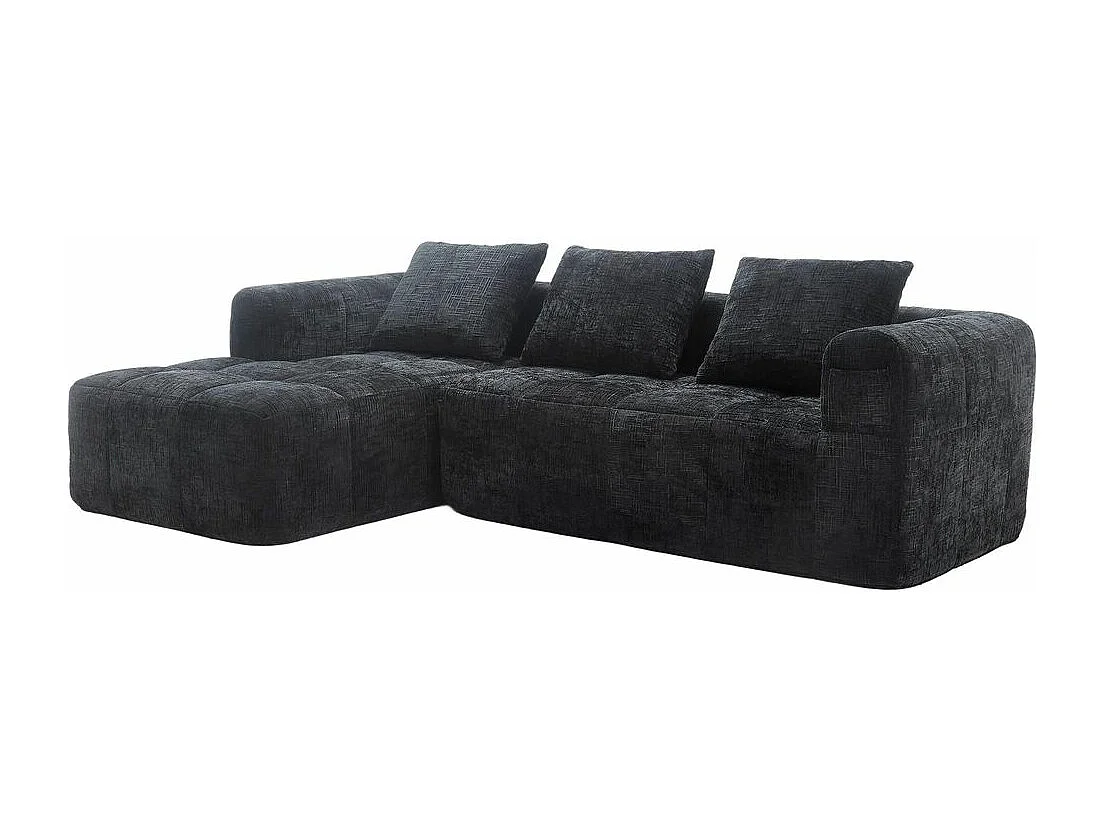 Canapé modulaire 3 places sans installation en chenille avec chaise longue accoudoirs trois coussins et poche latérale pour télécommande couleur noir