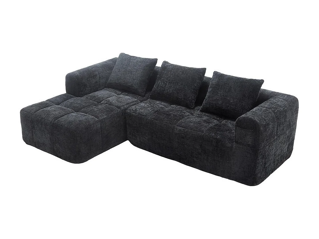 Canapé modulaire 3 places sans installation en chenille avec chaise longue accoudoirs trois coussins et poche latérale pour télécommande couleur noir