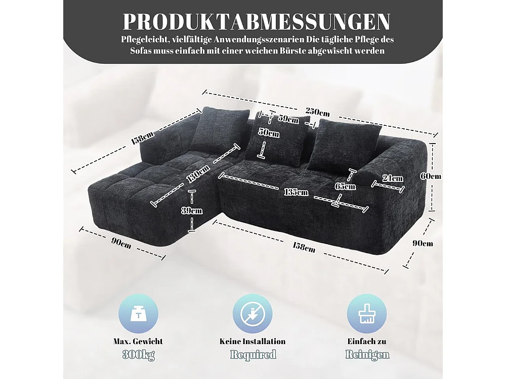 Canapé modulaire 3 places sans installation en chenille avec chaise longue accoudoirs trois coussins et poche latérale pour télécommande couleur noir